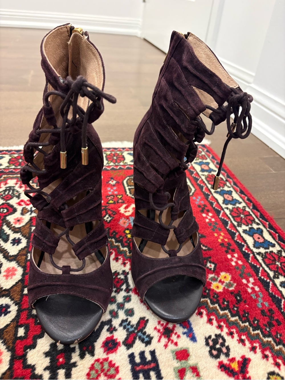 Joie Women's Lace-Up Peep Toe Heels in Dark Plum